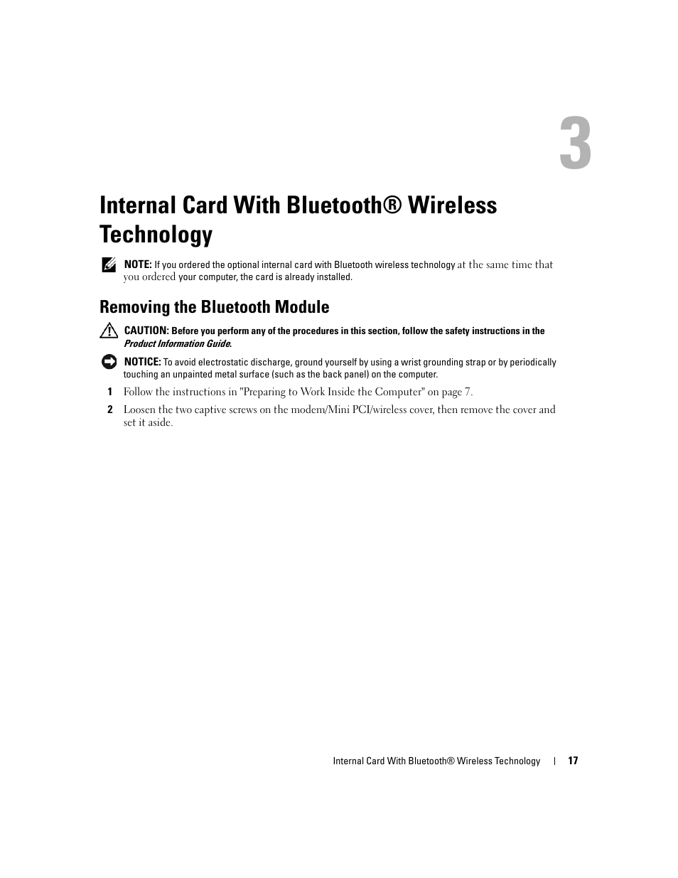 Internal card with bluetooth® wireless technology, Removing the bluetooth module | Dell Inspiron 630m User Manual | Page 17 / 92
