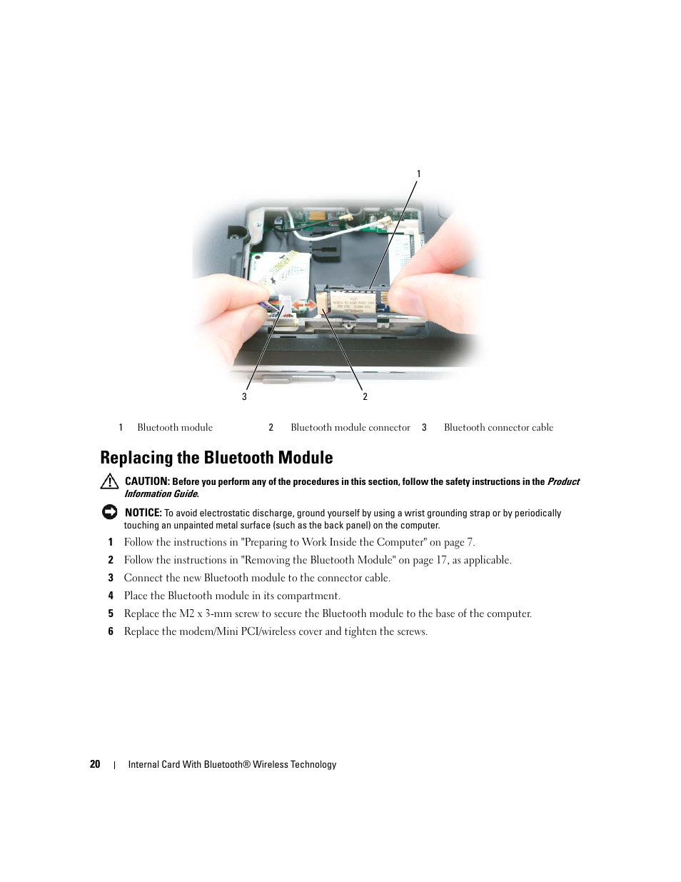 Replacing the bluetooth module | Dell Inspiron 630m User Manual | Page 20 / 92