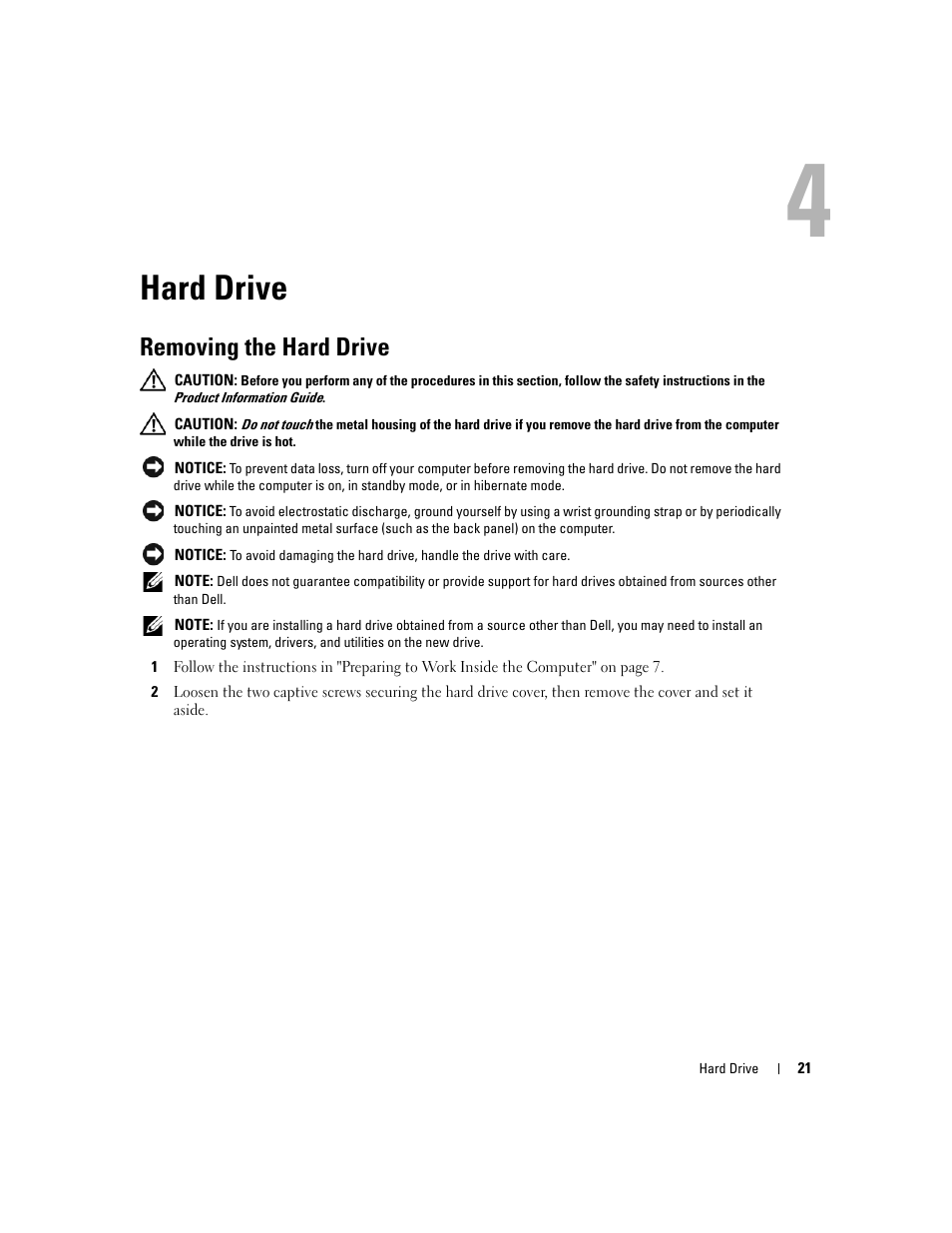 Hard drive, Removing the hard drive, 4 hard drive | Dell Inspiron 630m User Manual | Page 21 / 92