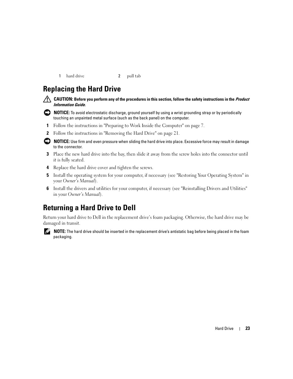 Replacing the hard drive, Returning a hard drive to dell | Dell Inspiron 630m User Manual | Page 23 / 92