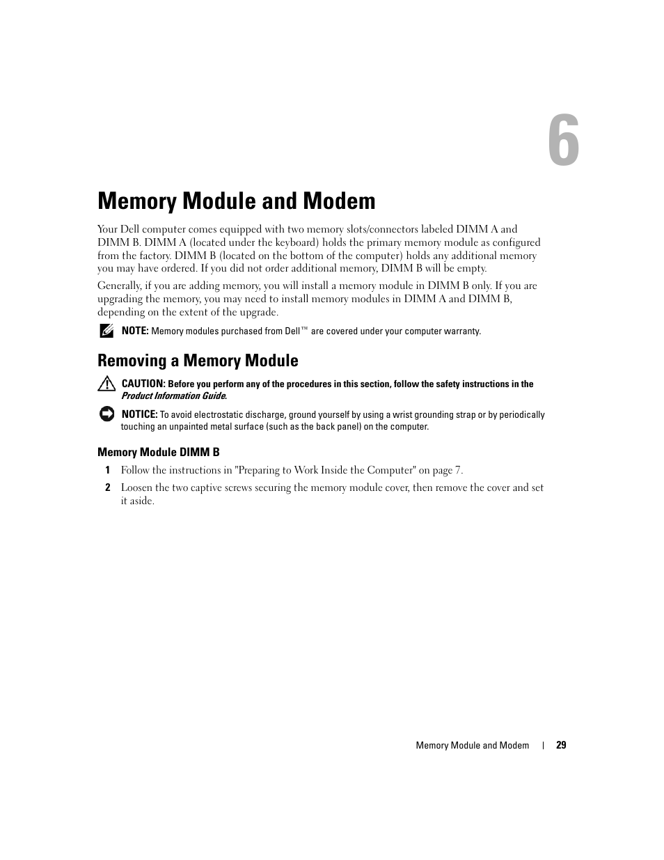 Memory module and modem, Removing a memory module, Memory module dimm b | 6 memory module and modem | Dell Inspiron 630m User Manual | Page 29 / 92