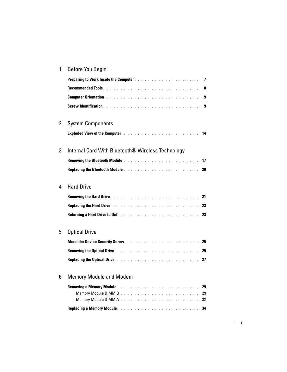 1 before you begin, 2 system components, 4 hard drive | 5 optical drive | Dell Inspiron 630m User Manual | Page 3 / 92