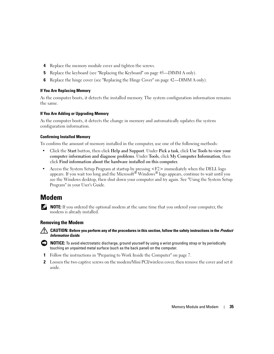 Modem, Removing the modem | Dell Inspiron 630m User Manual | Page 35 / 92