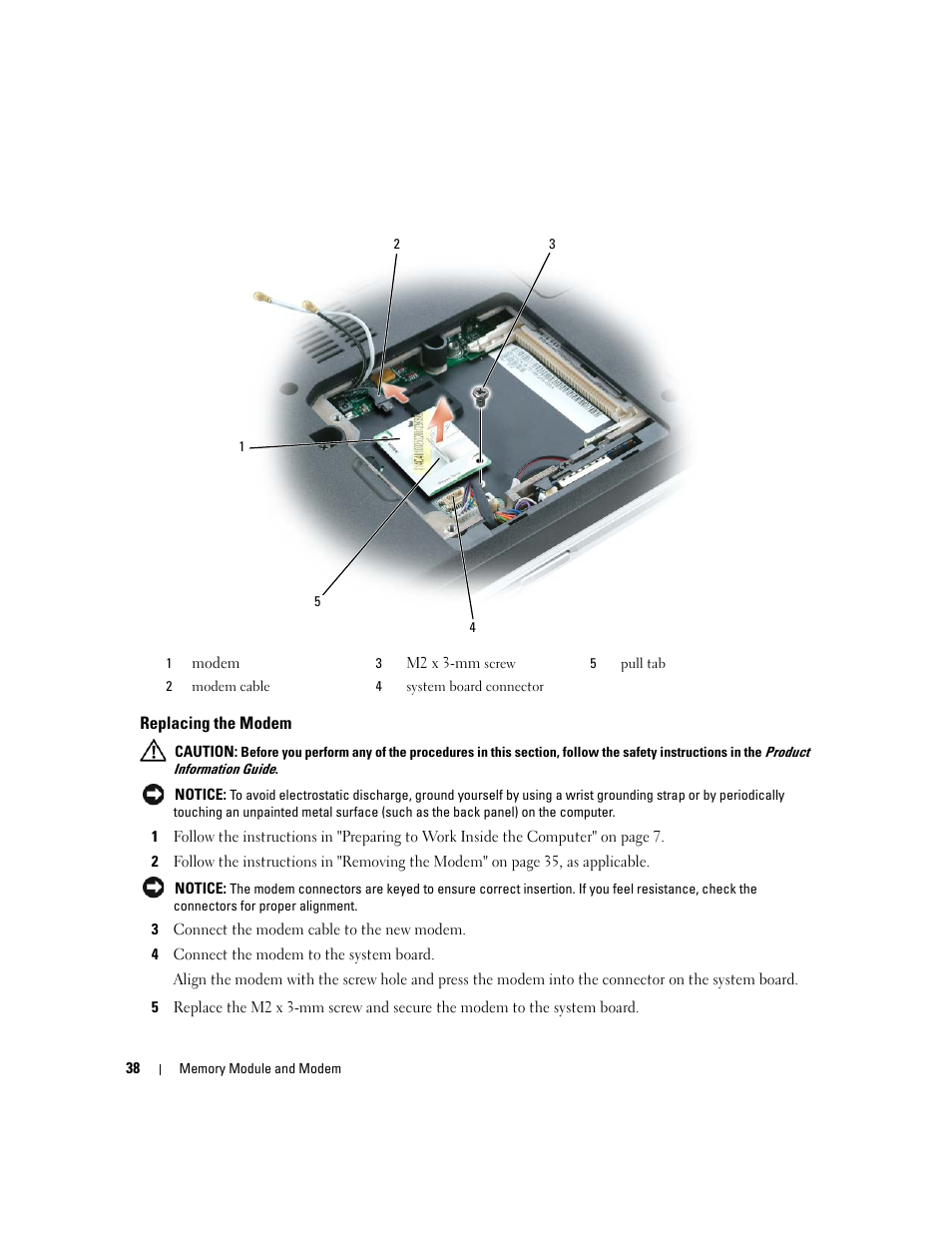 Replacing the modem | Dell Inspiron 630m User Manual | Page 38 / 92