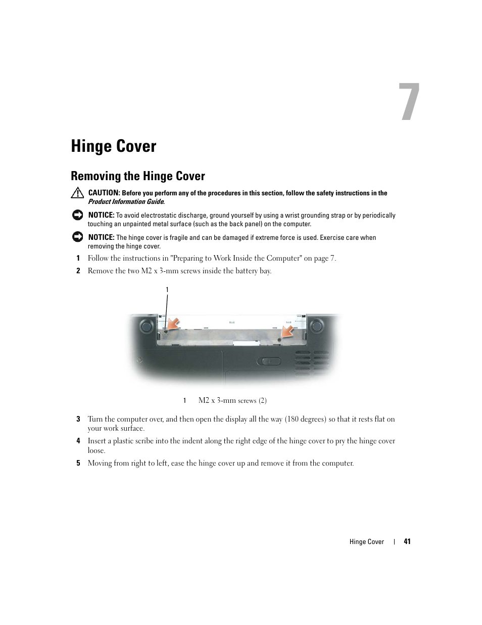 Hinge cover, Removing the hinge cover, 7 hinge cover | Dell Inspiron 630m User Manual | Page 41 / 92