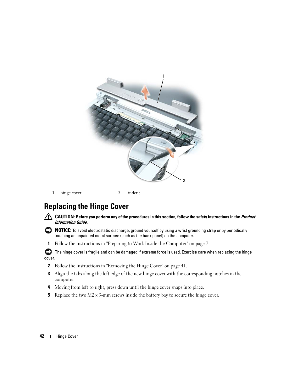 Replacing the hinge cover | Dell Inspiron 630m User Manual | Page 42 / 92