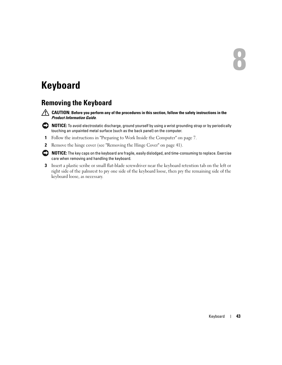 Keyboard, Removing the keyboard, 8 keyboard | Dell Inspiron 630m User Manual | Page 43 / 92