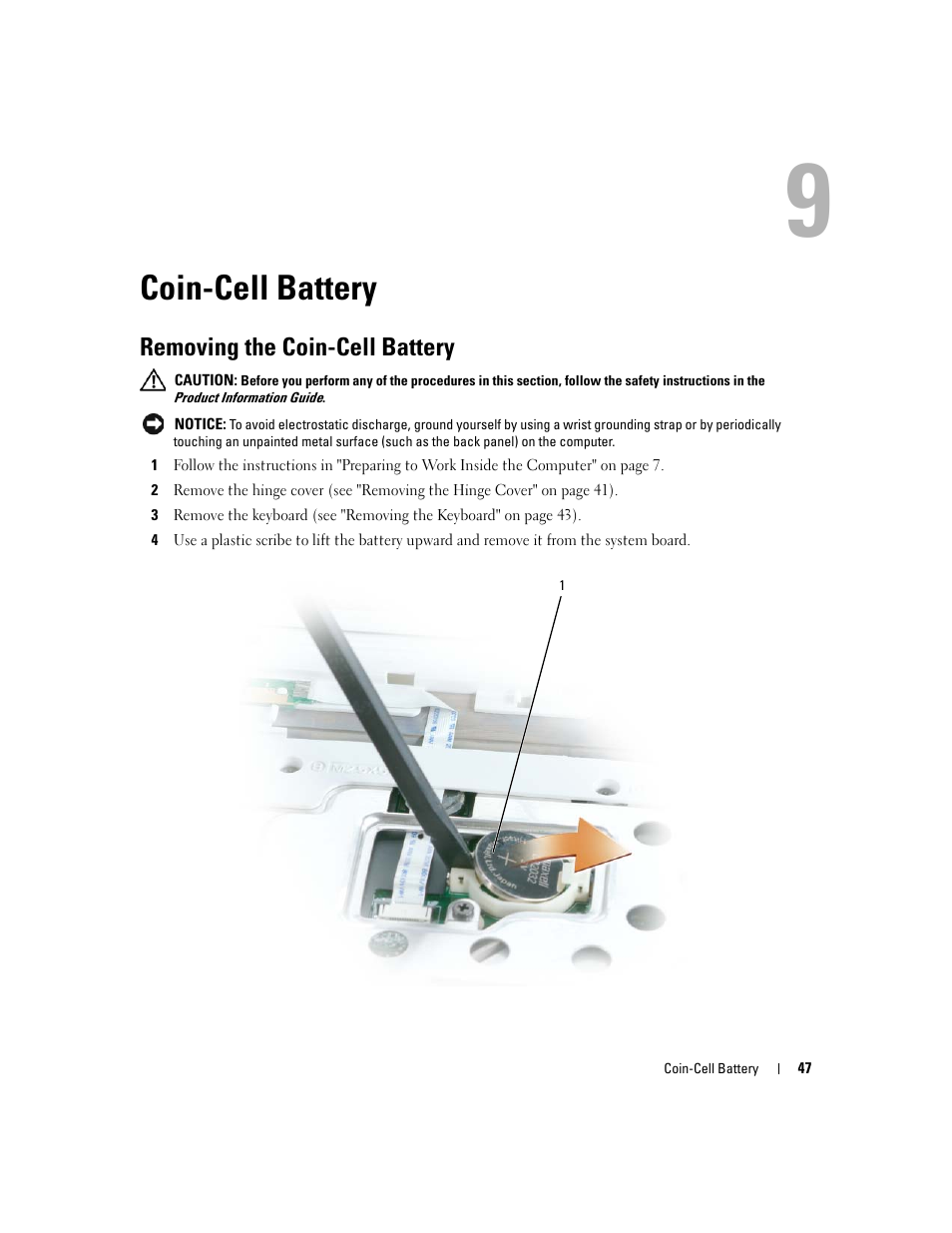 Coin-cell battery, Removing the coin-cell battery, 9 coin-cell battery | Dell Inspiron 630m User Manual | Page 47 / 92