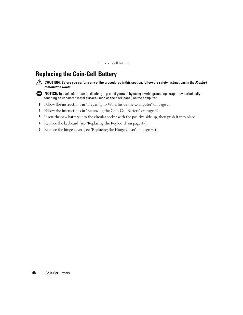 Replacing the coin-cell battery | Dell Inspiron 630m User Manual | Page 48 / 92