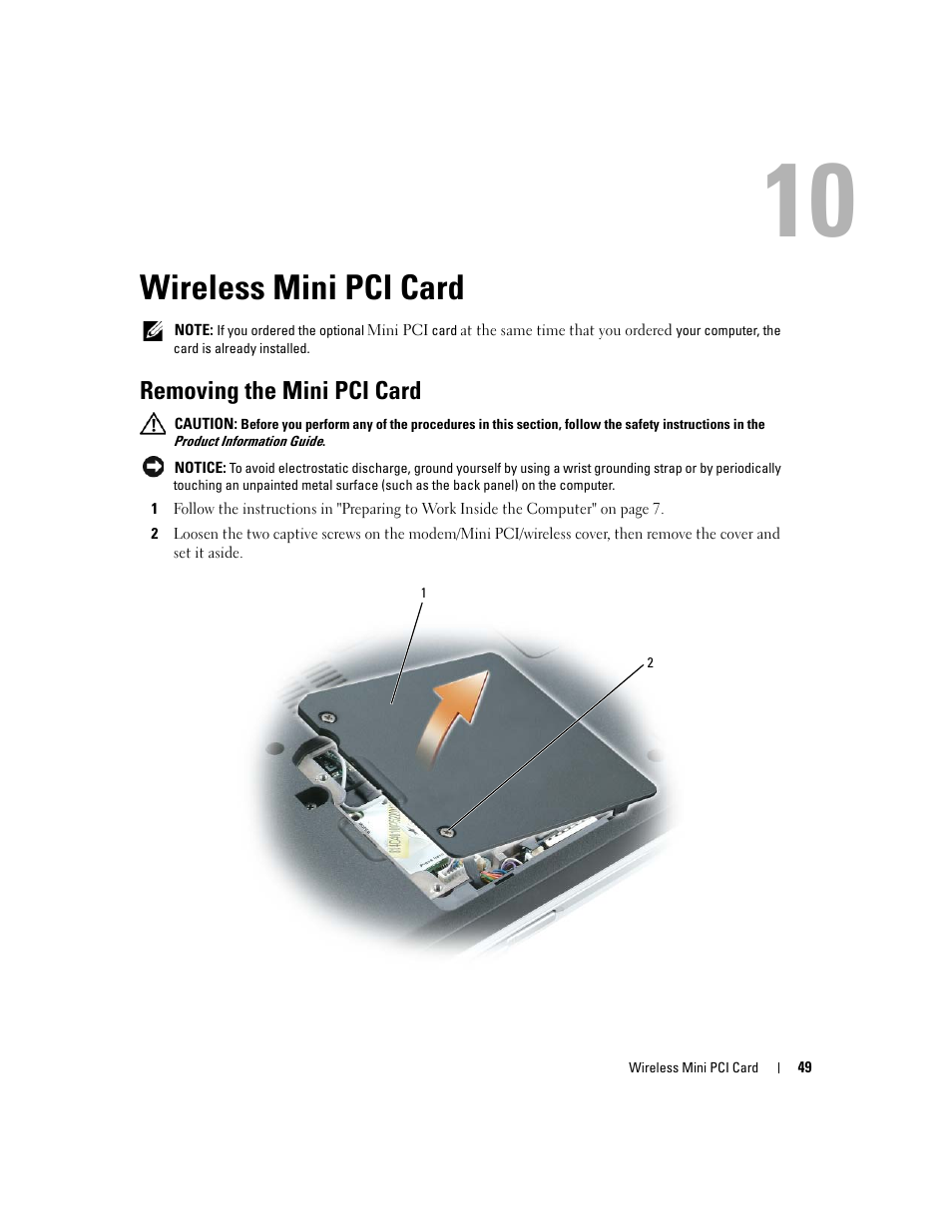 Wireless mini pci card, Removing the mini pci card, 10 wireless mini pci card | Dell Inspiron 630m User Manual | Page 49 / 92