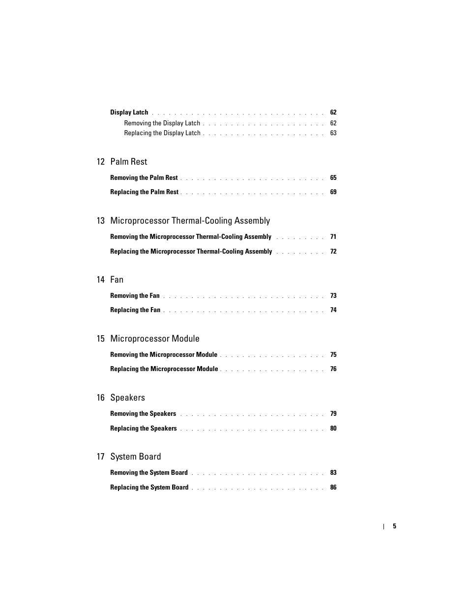 12 palm rest, 13 microprocessor thermal-cooling assembly, 14 fan | 15 microprocessor module, 16 speakers, 17 system board | Dell Inspiron 630m User Manual | Page 5 / 92