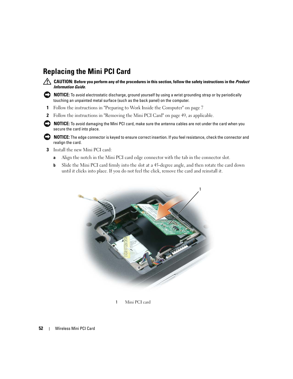 Replacing the mini pci card | Dell Inspiron 630m User Manual | Page 52 / 92