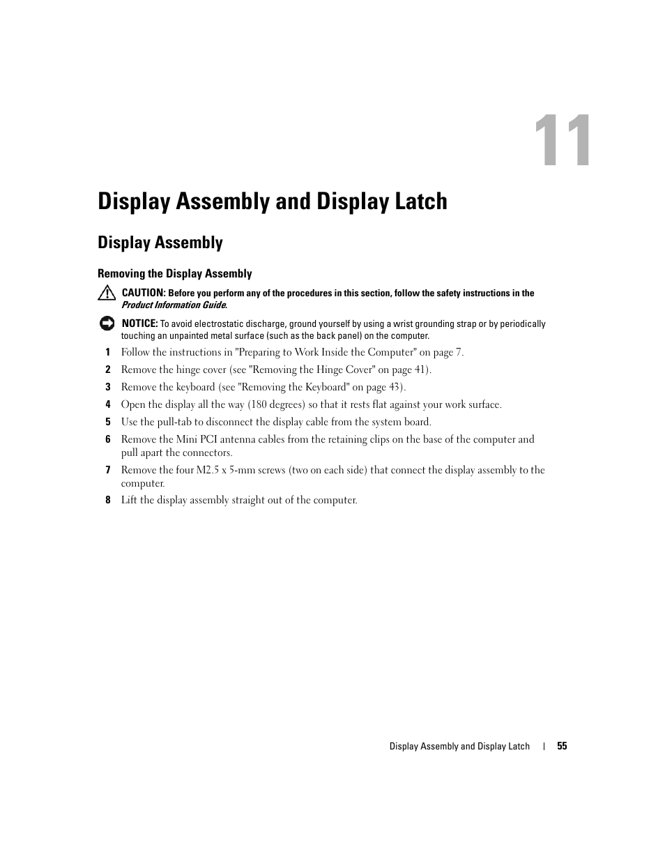 Display assembly and display latch, Display assembly, Removing the display assembly | 11 display assembly and display latch | Dell Inspiron 630m User Manual | Page 55 / 92
