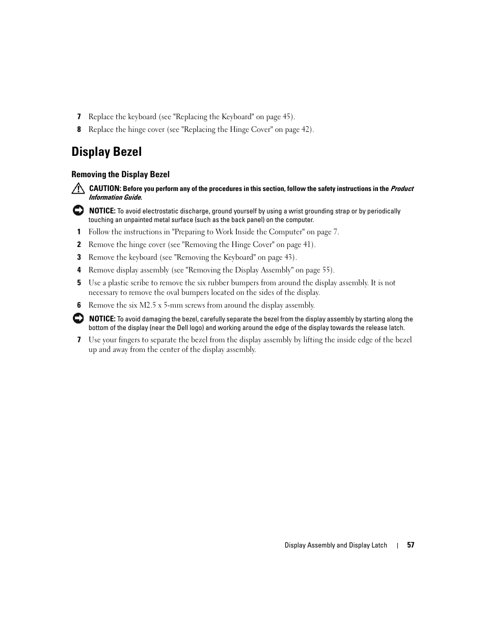 Display bezel, Removing the display bezel | Dell Inspiron 630m User Manual | Page 57 / 92