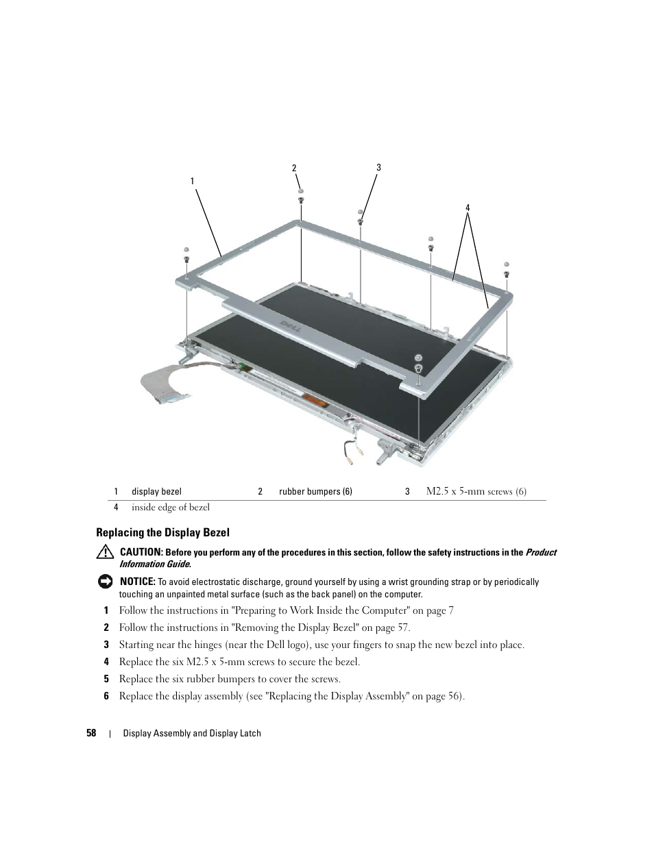 Replacing the display bezel | Dell Inspiron 630m User Manual | Page 58 / 92