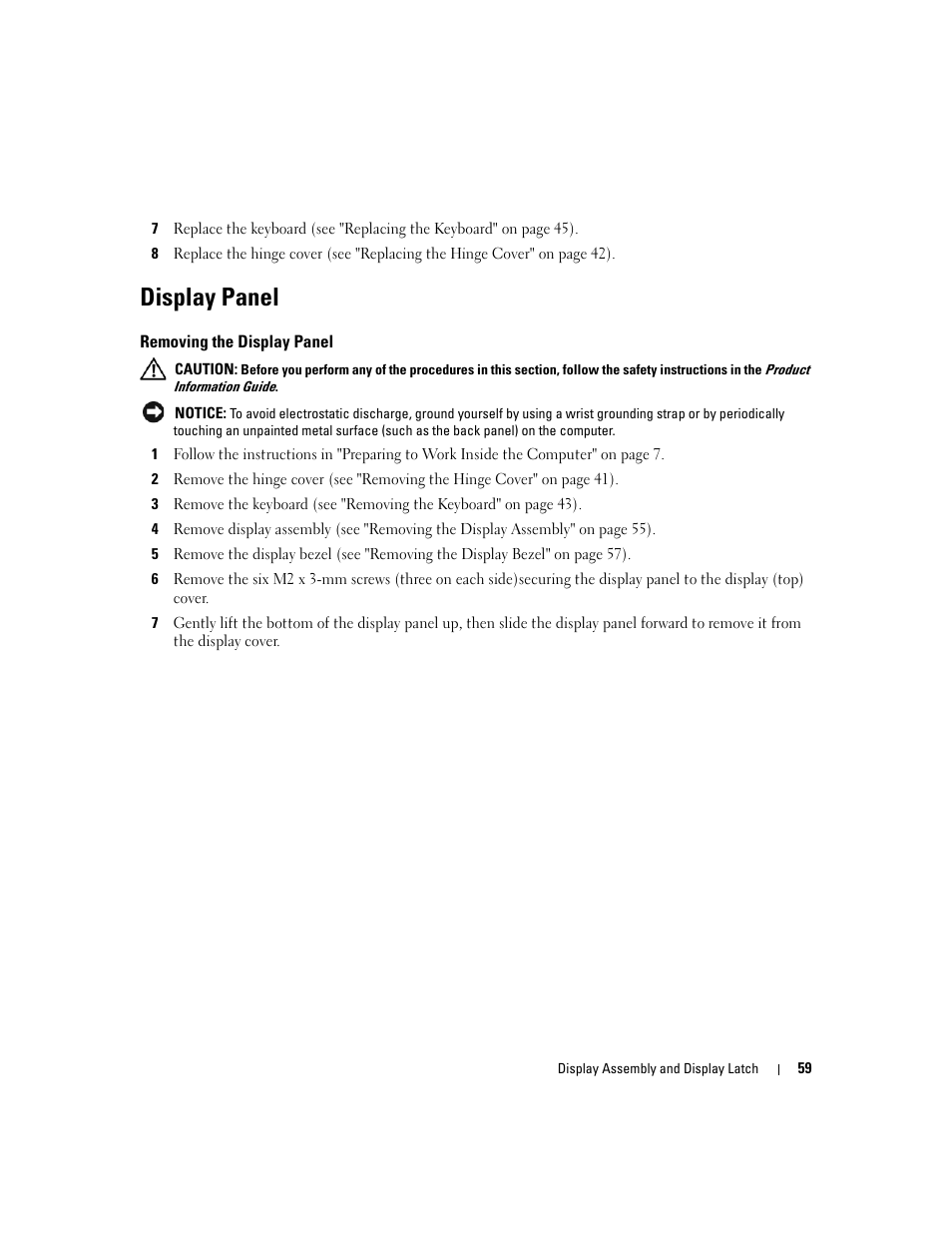 Display panel, Removing the display panel | Dell Inspiron 630m User Manual | Page 59 / 92