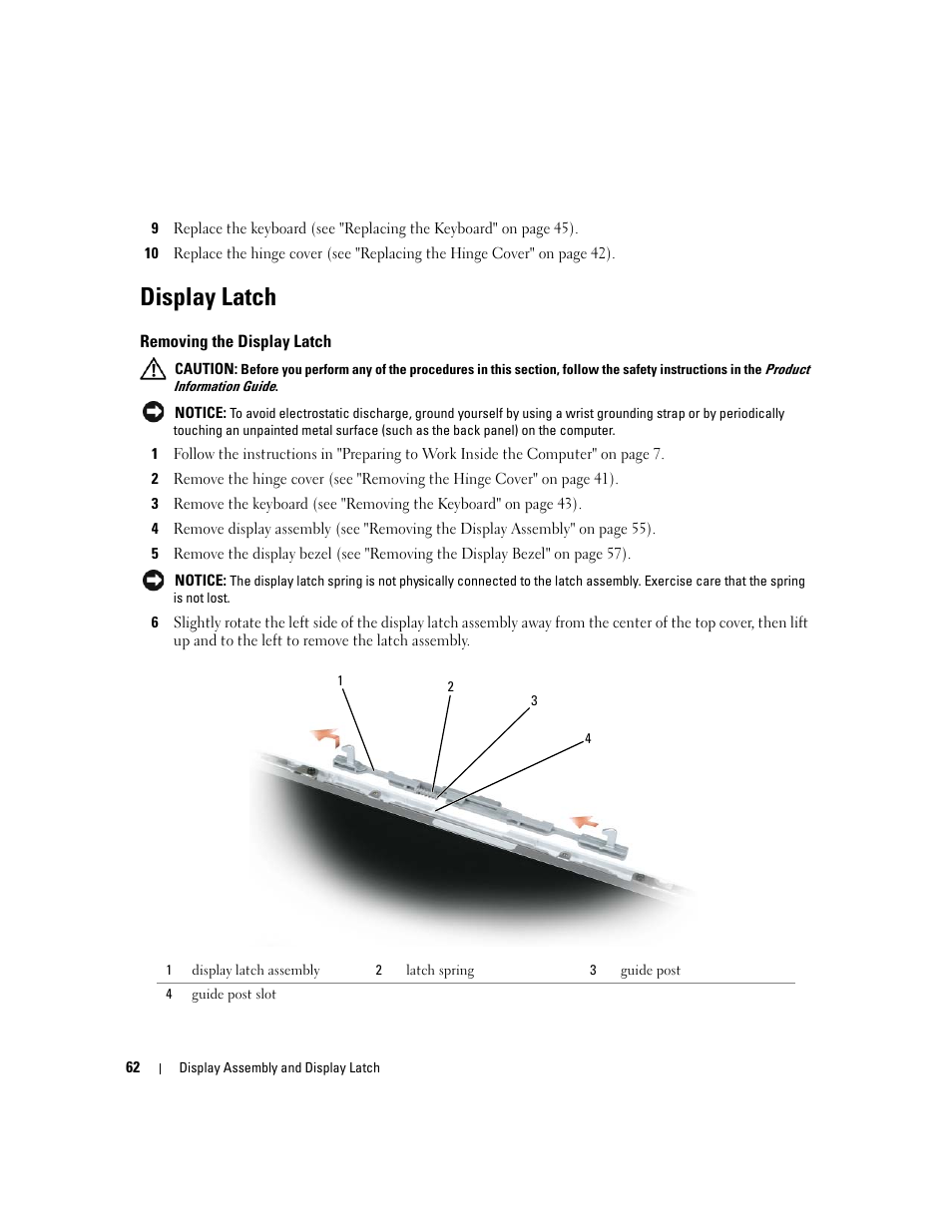 Display latch, Removing the display latch | Dell Inspiron 630m User Manual | Page 62 / 92