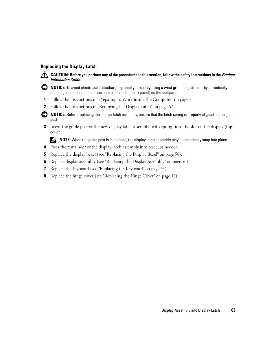 Replacing the display latch | Dell Inspiron 630m User Manual | Page 63 / 92