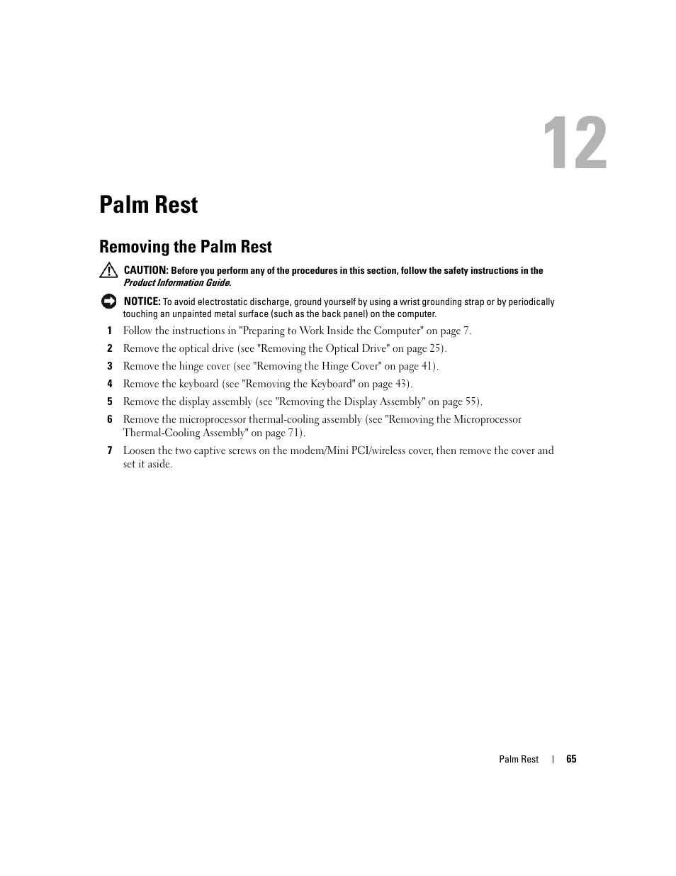 Palm rest, Removing the palm rest, 12 palm rest | Dell Inspiron 630m User Manual | Page 65 / 92