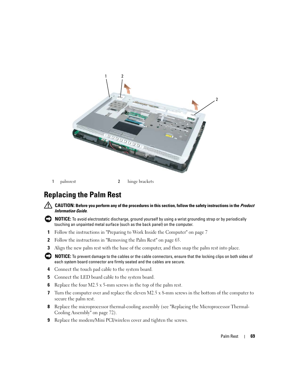 Replacing the palm rest | Dell Inspiron 630m User Manual | Page 69 / 92