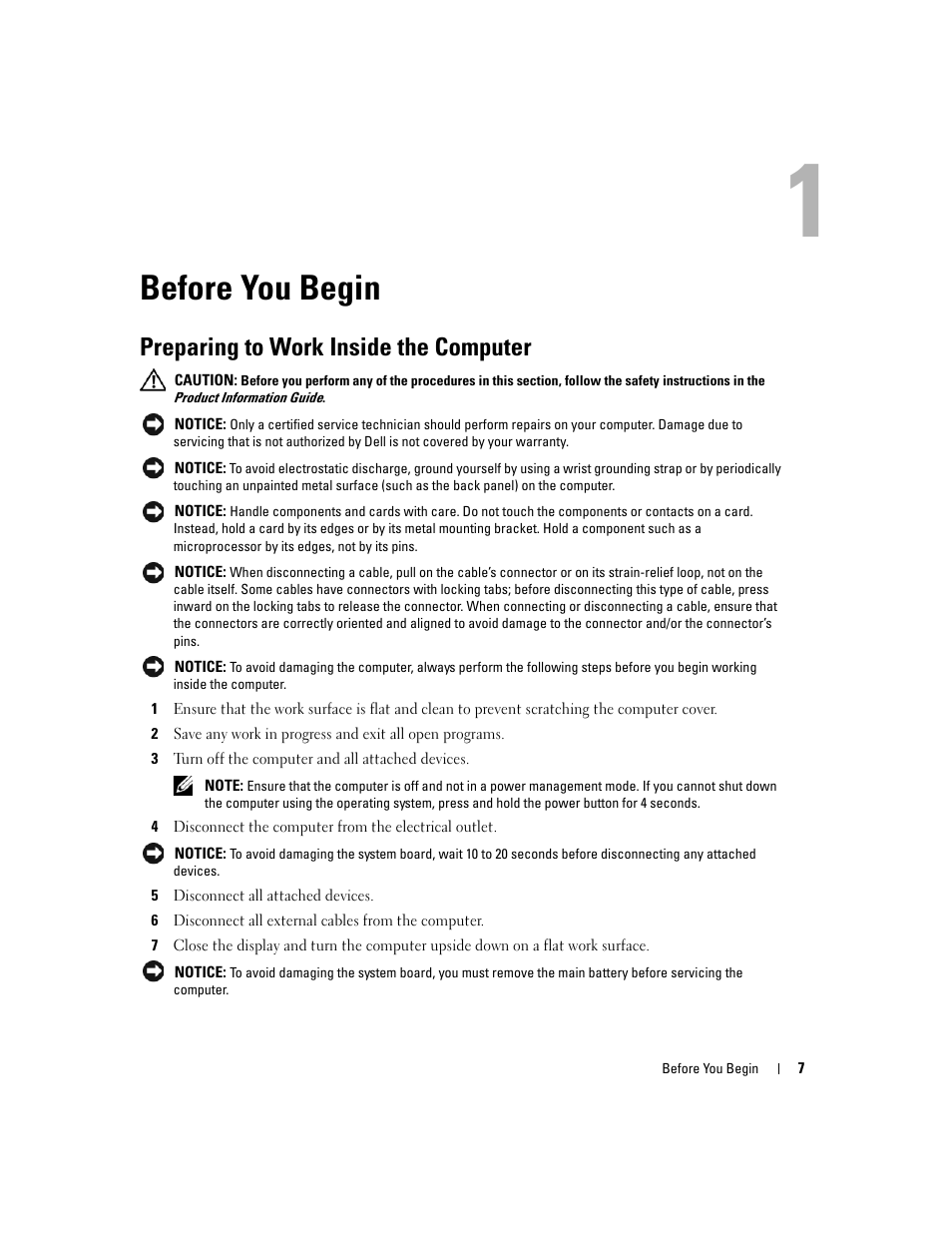 Before you begin, Preparing to work inside the computer, 1 before you begin | Dell Inspiron 630m User Manual | Page 7 / 92