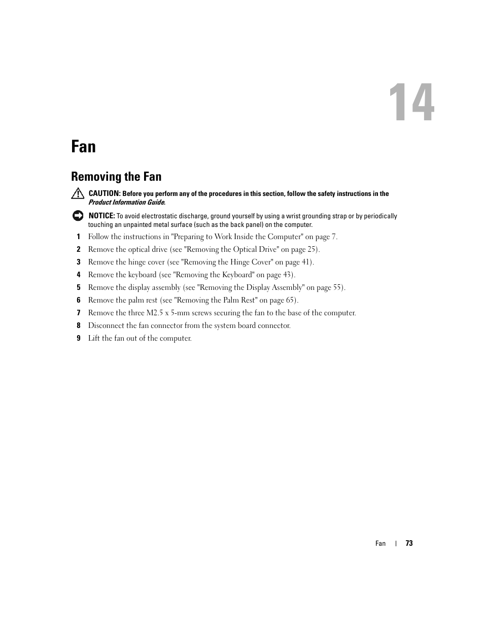 Removing the fan, 14 fan | Dell Inspiron 630m User Manual | Page 73 / 92