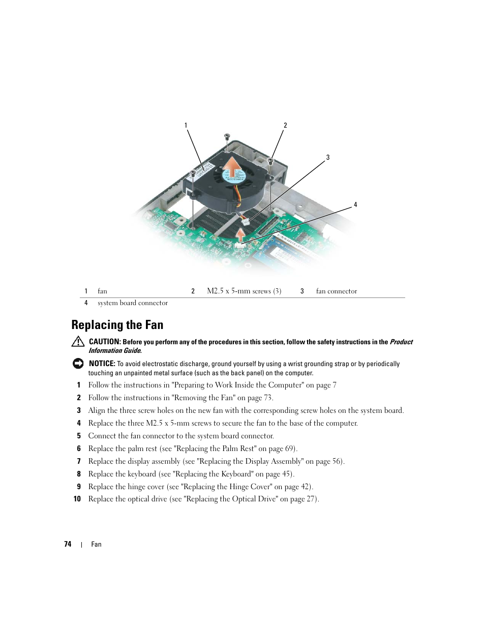 Replacing the fan | Dell Inspiron 630m User Manual | Page 74 / 92