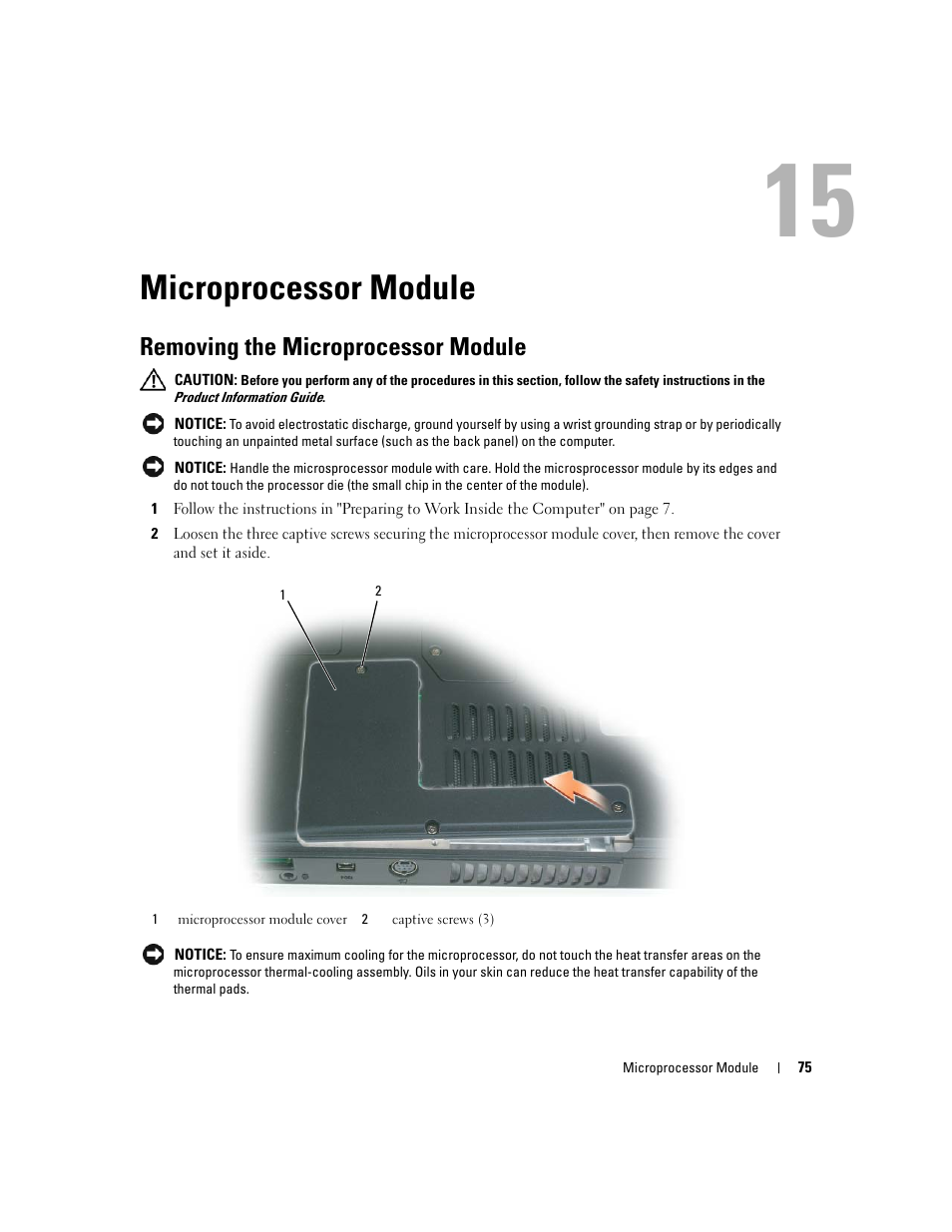 Microprocessor module, Removing the microprocessor module, 15 microprocessor module | Dell Inspiron 630m User Manual | Page 75 / 92