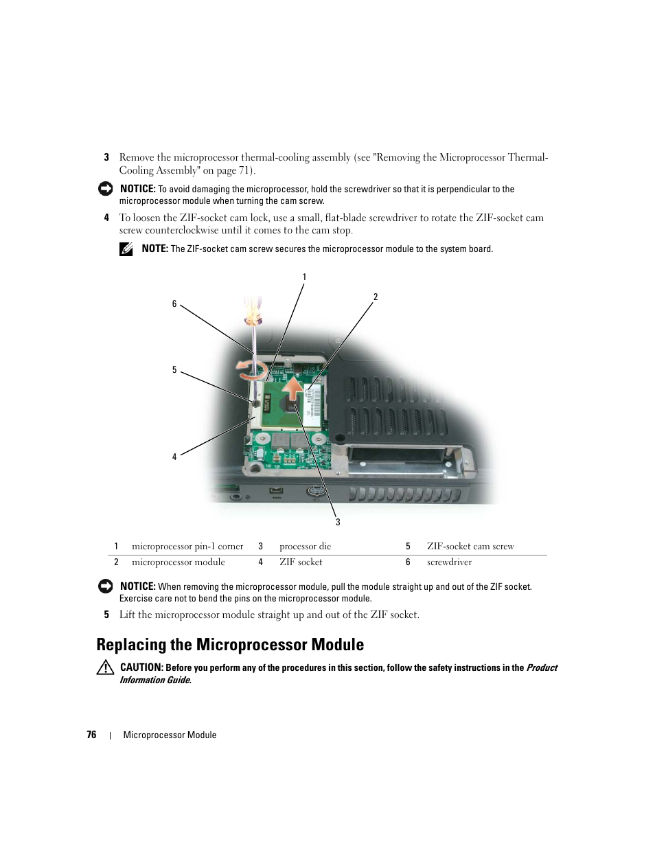 Replacing the microprocessor module | Dell Inspiron 630m User Manual | Page 76 / 92