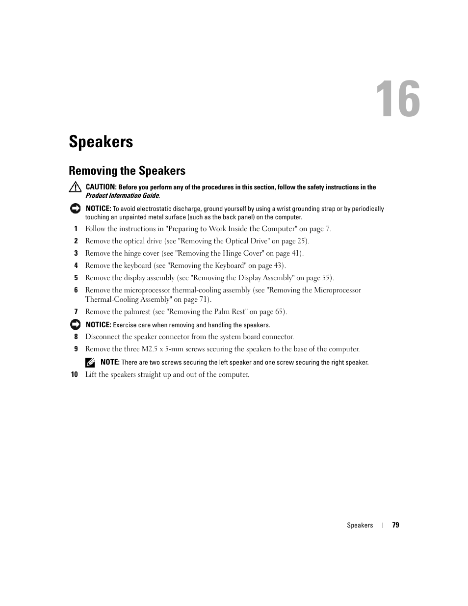 Speakers, Removing the speakers, 16 speakers | Dell Inspiron 630m User Manual | Page 79 / 92