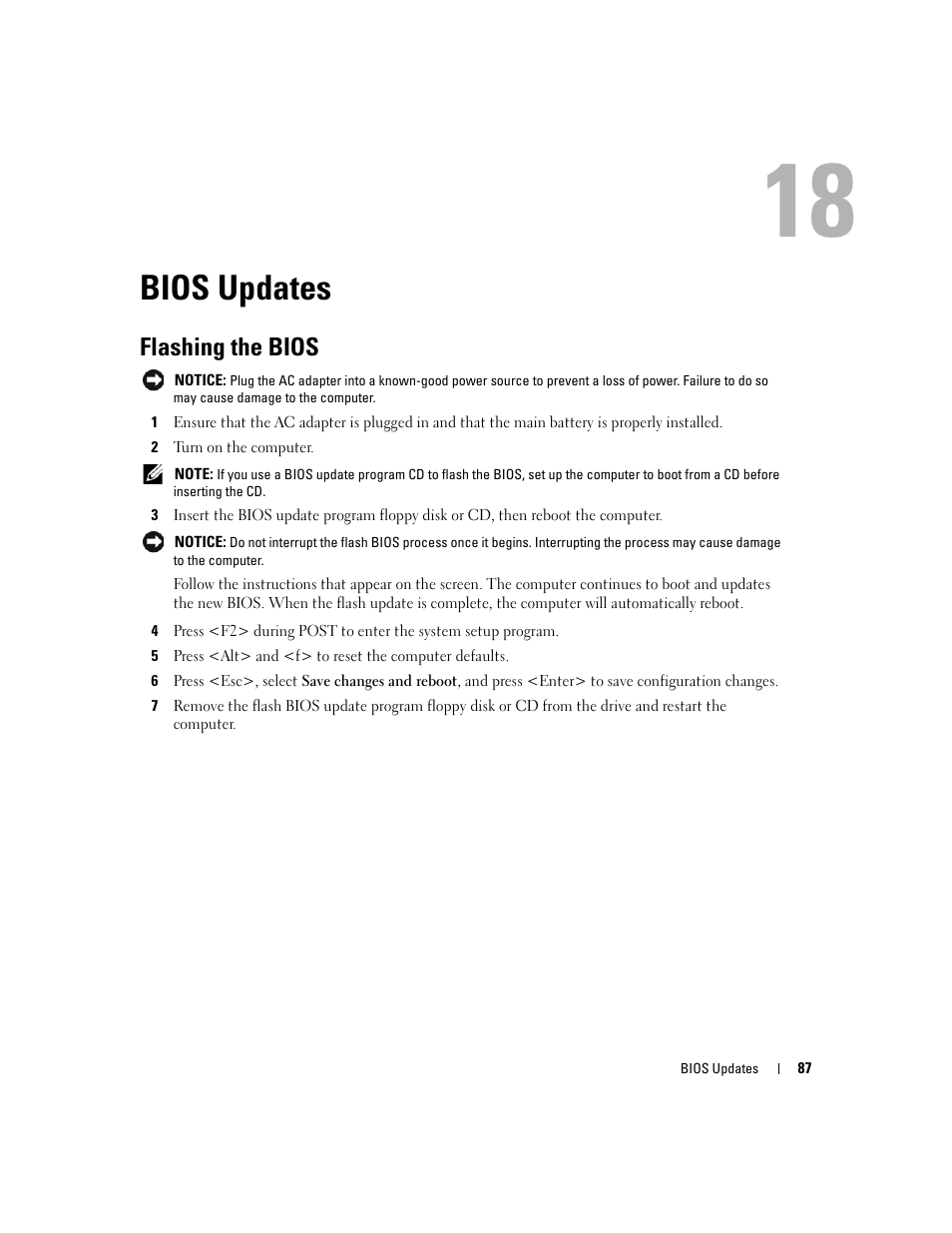 Bios updates, Flashing the bios, 18 bios updates | Dell Inspiron 630m User Manual | Page 87 / 92