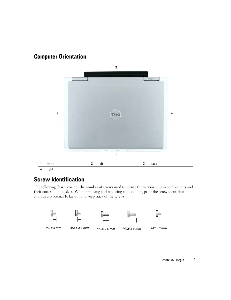 Computer orientation, Screw identification, Computer orientation screw identification | Dell Inspiron 630m User Manual | Page 9 / 92