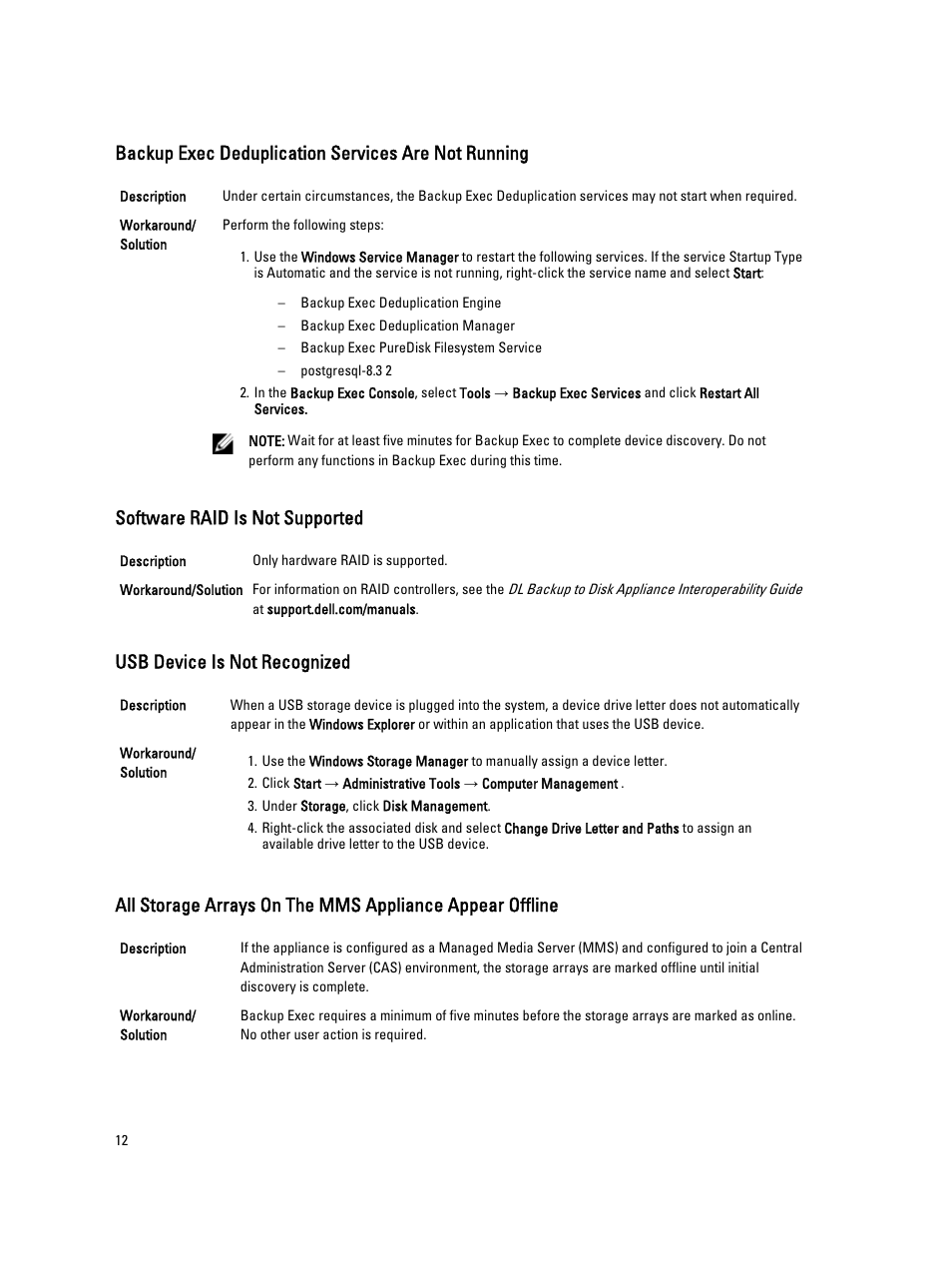 Backup exec deduplication services are not running, Software raid is not supported, Usb device is not recognized | Dell PowerVault DL2000 User Manual | Page 12 / 18