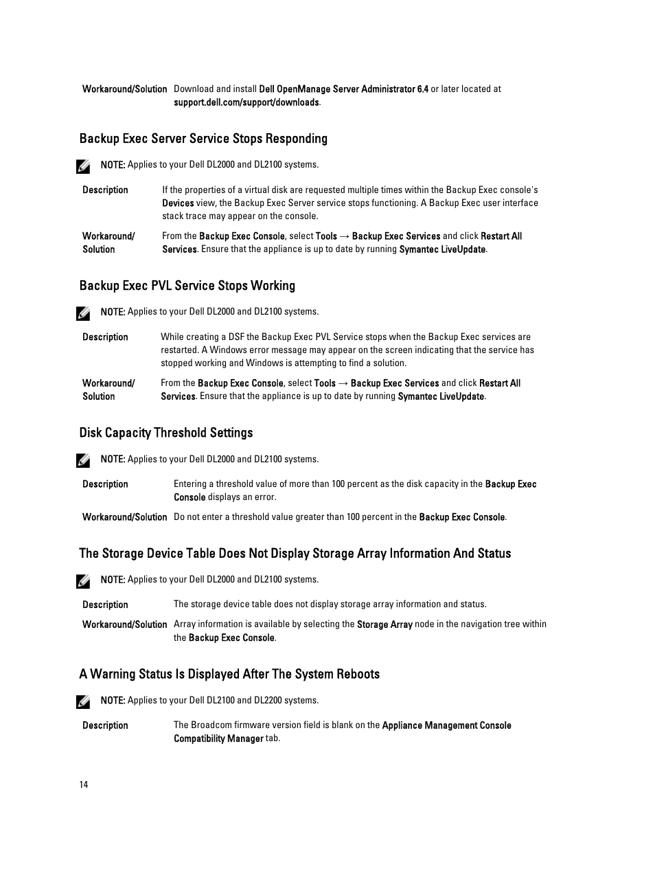 Backup exec server service stops responding, Backup exec pvl service stops working, Disk capacity threshold settings | Dell PowerVault DL2000 User Manual | Page 14 / 18