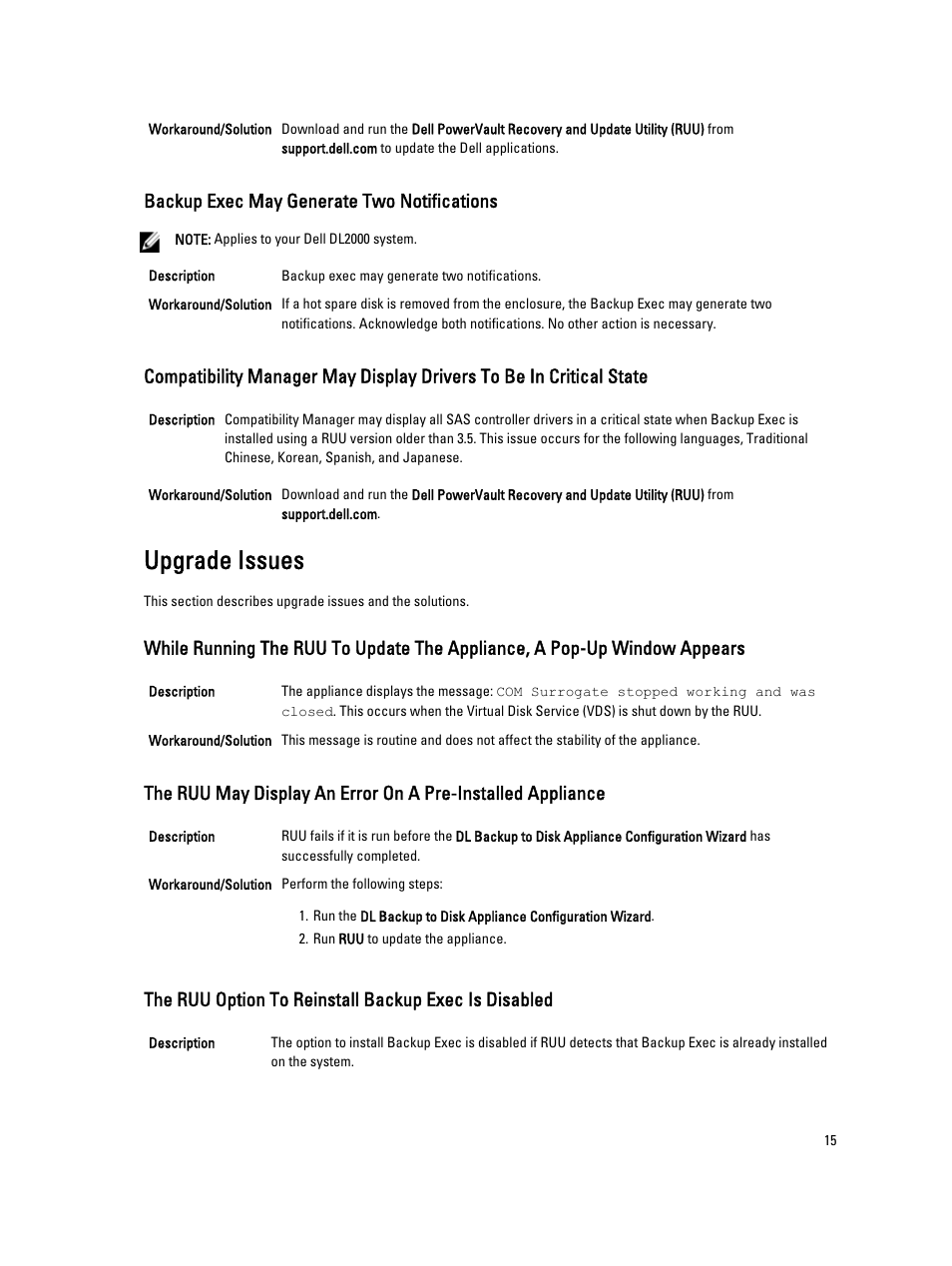 Backup exec may generate two notifications, Upgrade issues | Dell PowerVault DL2000 User Manual | Page 15 / 18