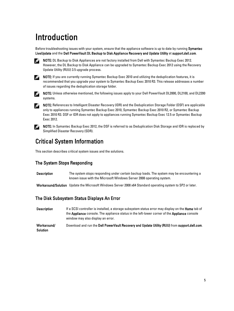 Introduction, Critical system information, The system stops responding | The disk subsystem status displays an error, 1 introduction | Dell PowerVault DL2000 User Manual | Page 5 / 18