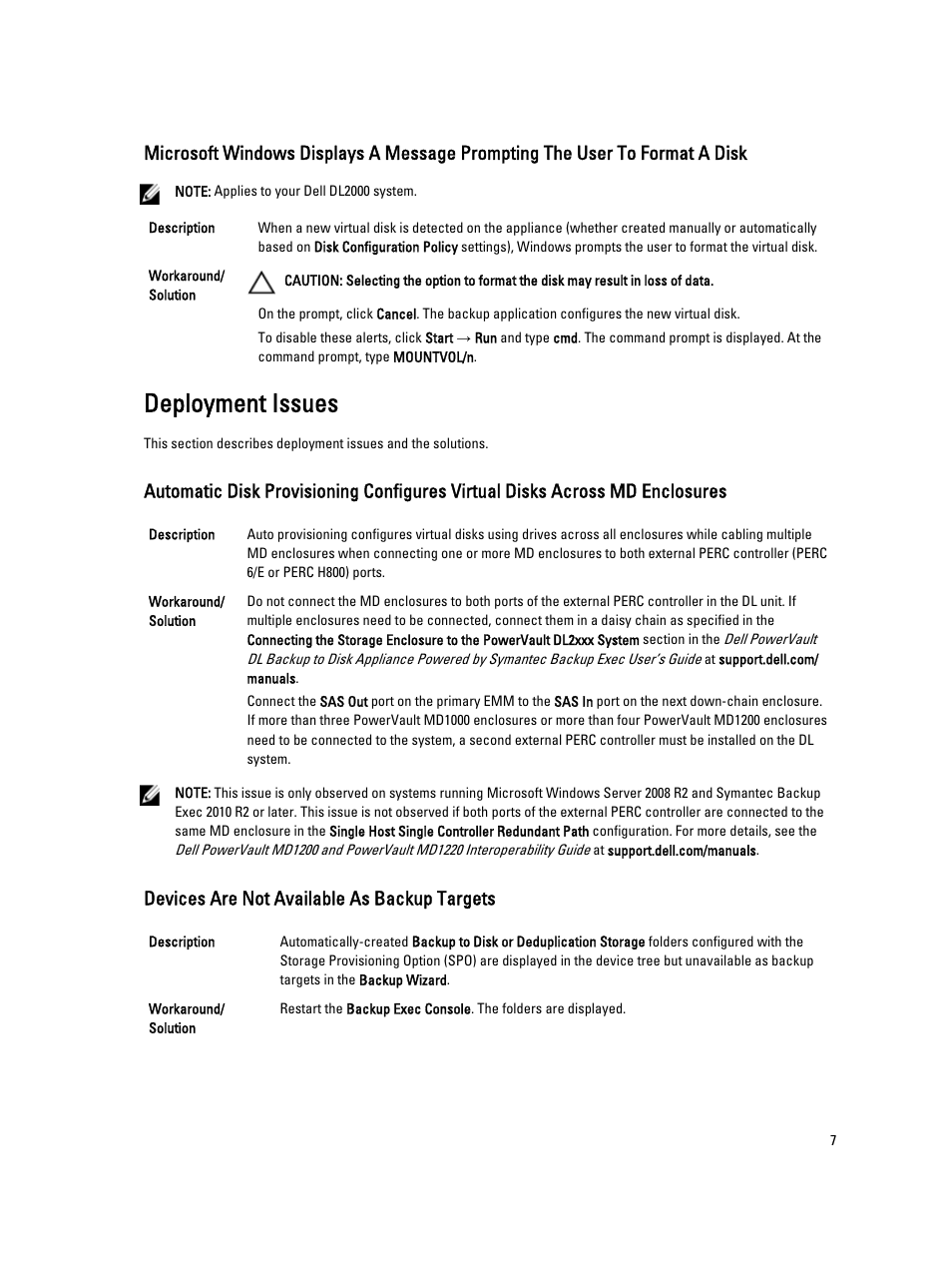 Deployment issues, Devices are not available as backup targets | Dell PowerVault DL2000 User Manual | Page 7 / 18