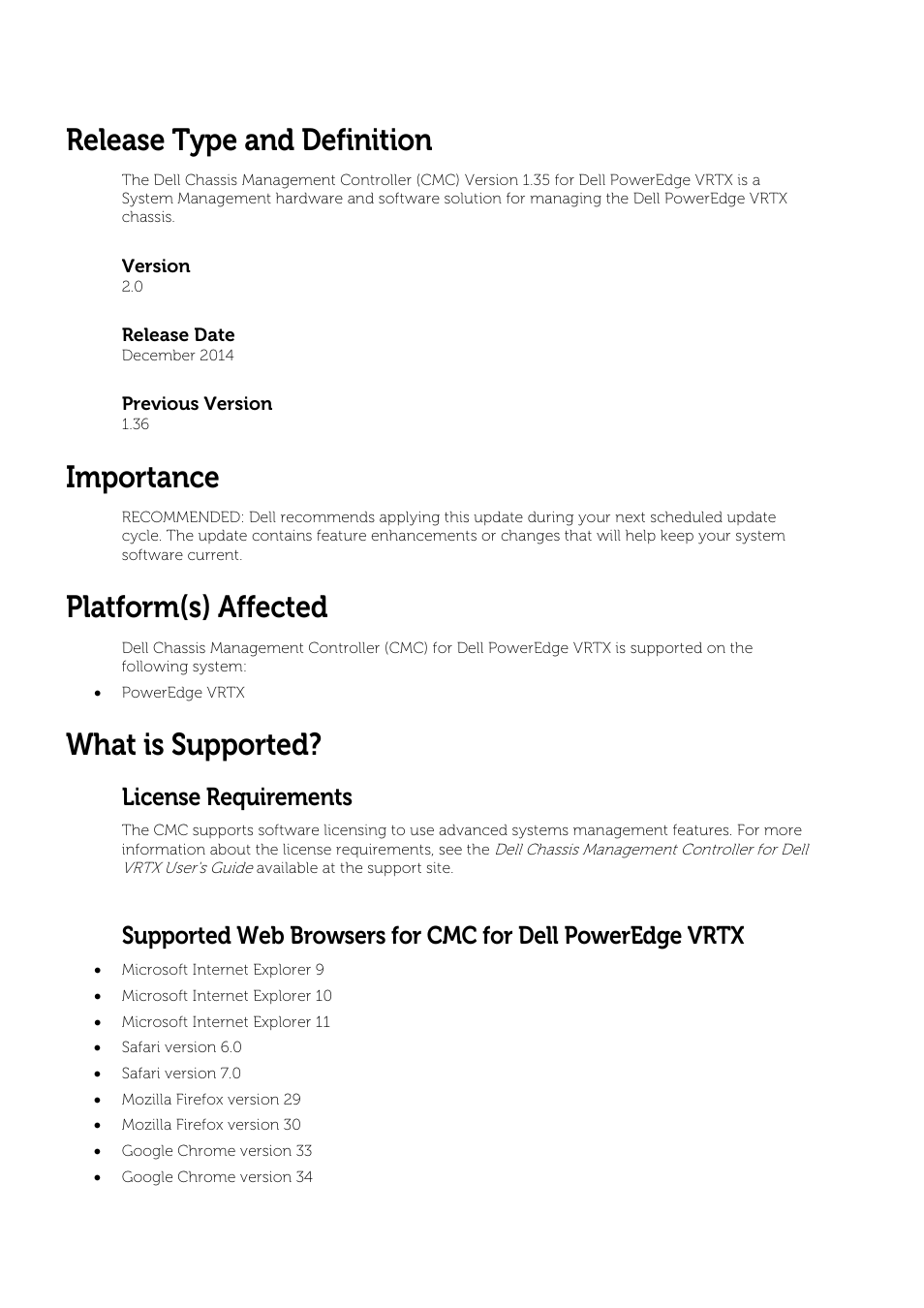 Release type and definition, Importance, Platform(s) affected | What is supported, License requirements | Dell PowerEdge VRTX User Manual | Page 2 / 9