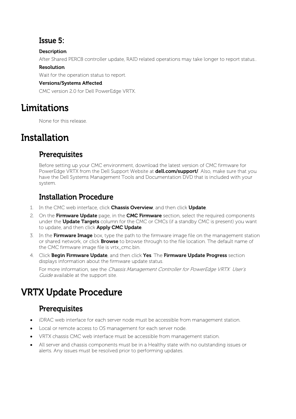 Limitations, Installation, Vrtx update procedure | Issue 5, Prerequisites, Installation procedure | Dell PowerEdge VRTX User Manual | Page 6 / 9