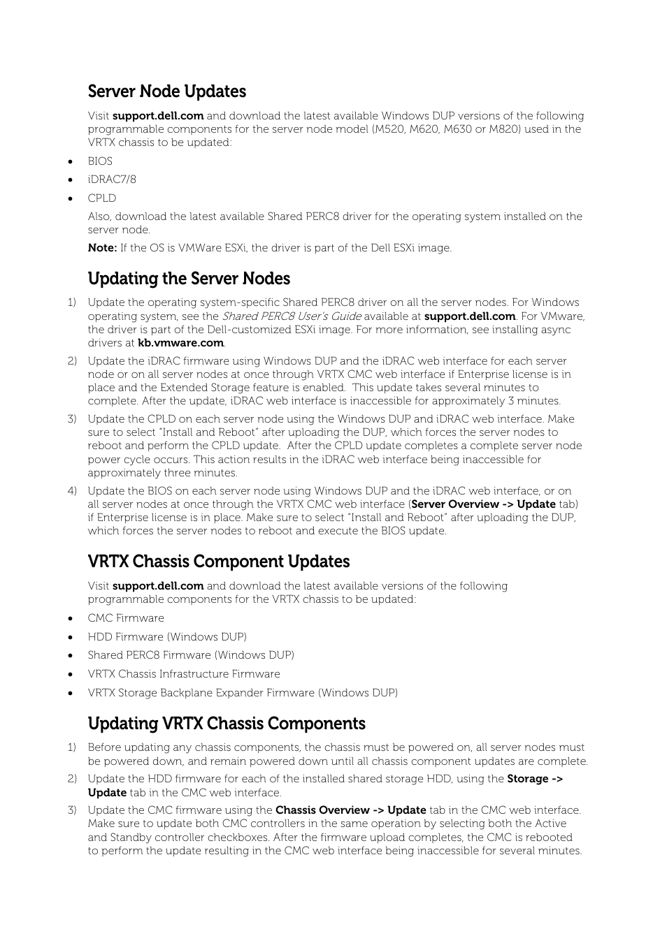 Server node updates, Updating the server nodes, Vrtx chassis component updates | Updating vrtx chassis components | Dell PowerEdge VRTX User Manual | Page 7 / 9