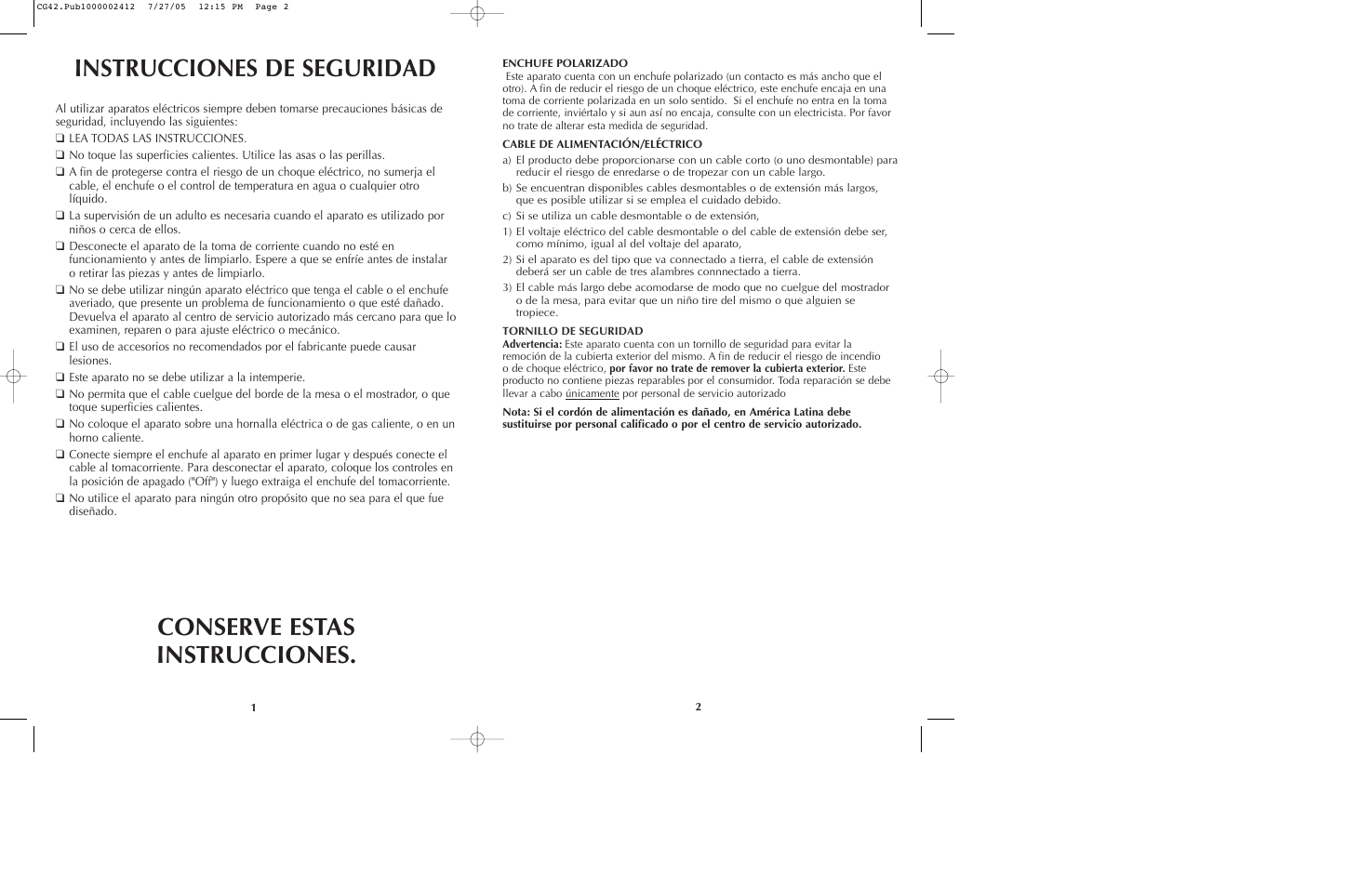 Instrucciones de seguridad, Conserve estas instrucciones | Black & Decker CG42 User Manual | Page 2 / 9