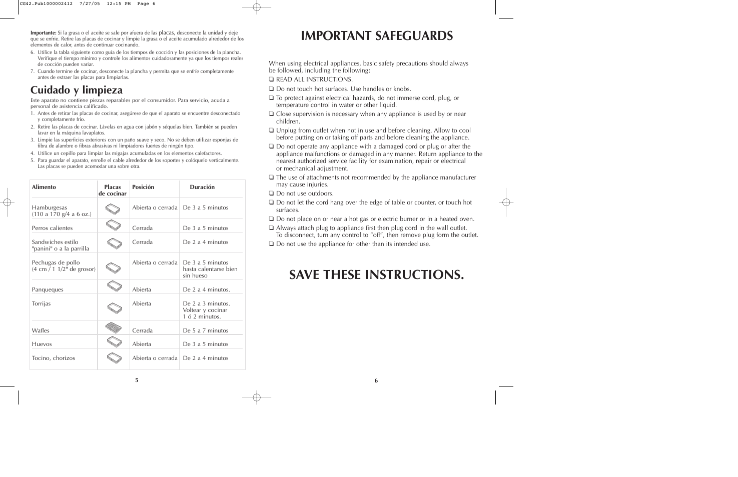 Important safeguards save these instructions, Cuidado y limpieza | Black & Decker CG42 User Manual | Page 4 / 9