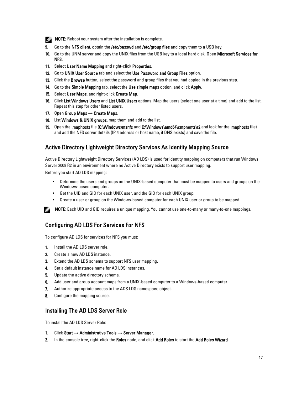 Configuring ad lds for services for nfs, Installing the ad lds server role | Dell PowerVault NX3300 User Manual | Page 17 / 29