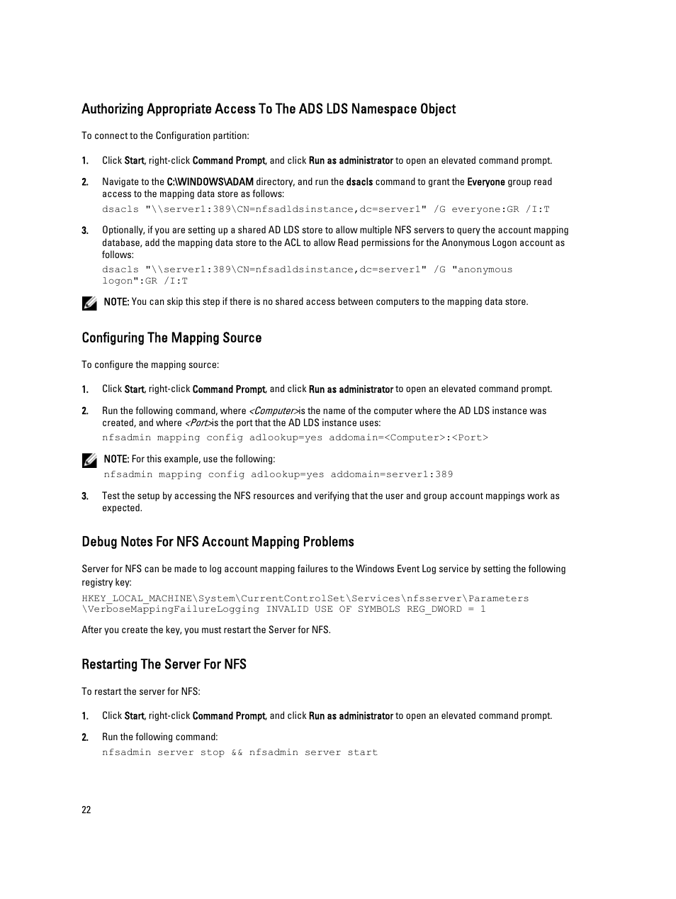 Configuring the mapping source, Debug notes for nfs account mapping problems, Restarting the server for nfs | Dell PowerVault NX3300 User Manual | Page 22 / 29