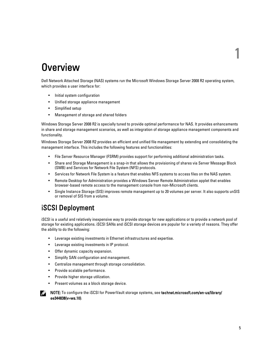 Overview, Iscsi deployment, 1 overview | Dell PowerVault NX3300 User Manual | Page 5 / 29