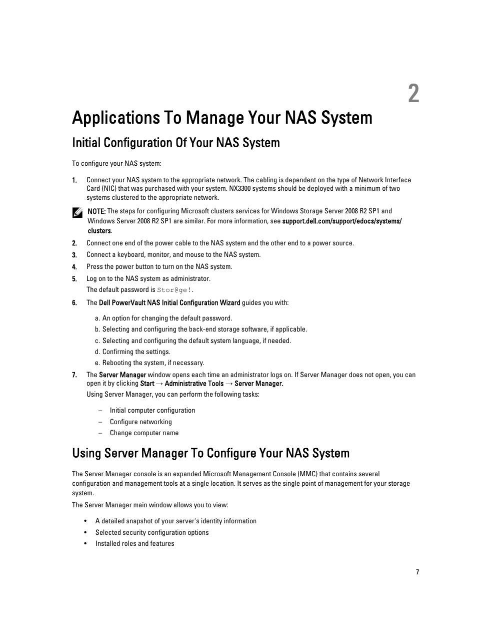 Applications to manage your nas system, Initial configuration of your nas system, Using server manager to configure your nas system | 2 applications to manage your nas system | Dell PowerVault NX3300 User Manual | Page 7 / 29