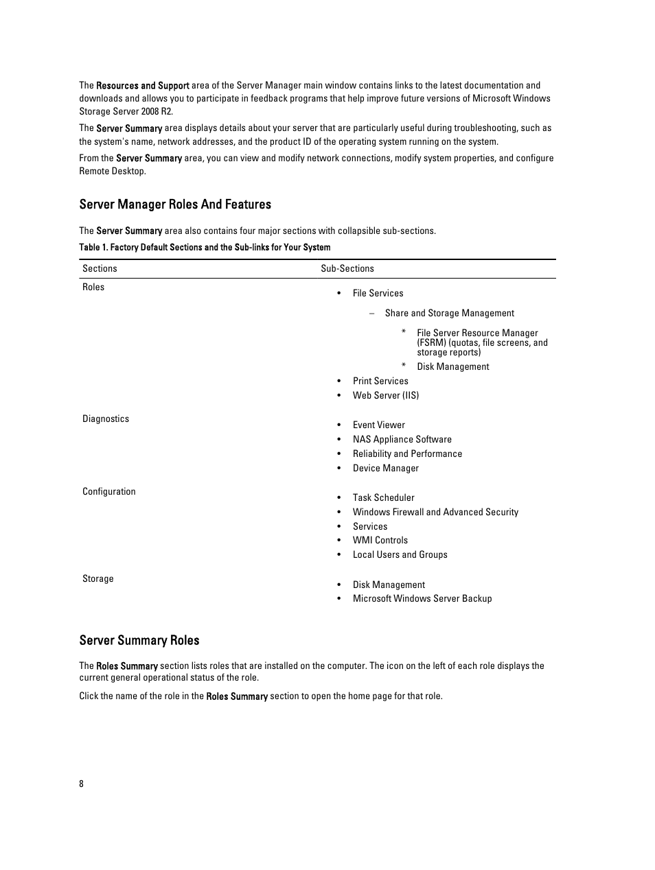 Server manager roles and features, Server summary roles | Dell PowerVault NX3300 User Manual | Page 8 / 29
