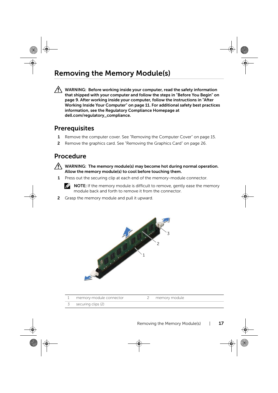 Removing the memory module(s), Prerequisites, Procedure | Dell XPS 8700 (Mid 2013) User Manual | Page 17 / 86