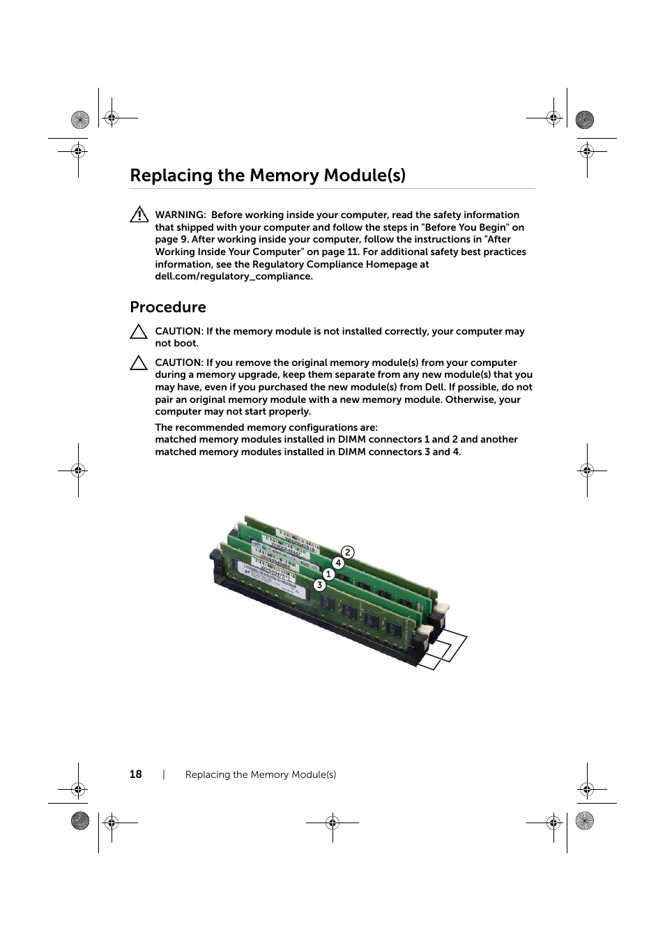 Replacing the memory module(s), Procedure | Dell XPS 8700 (Mid 2013) User Manual | Page 18 / 86