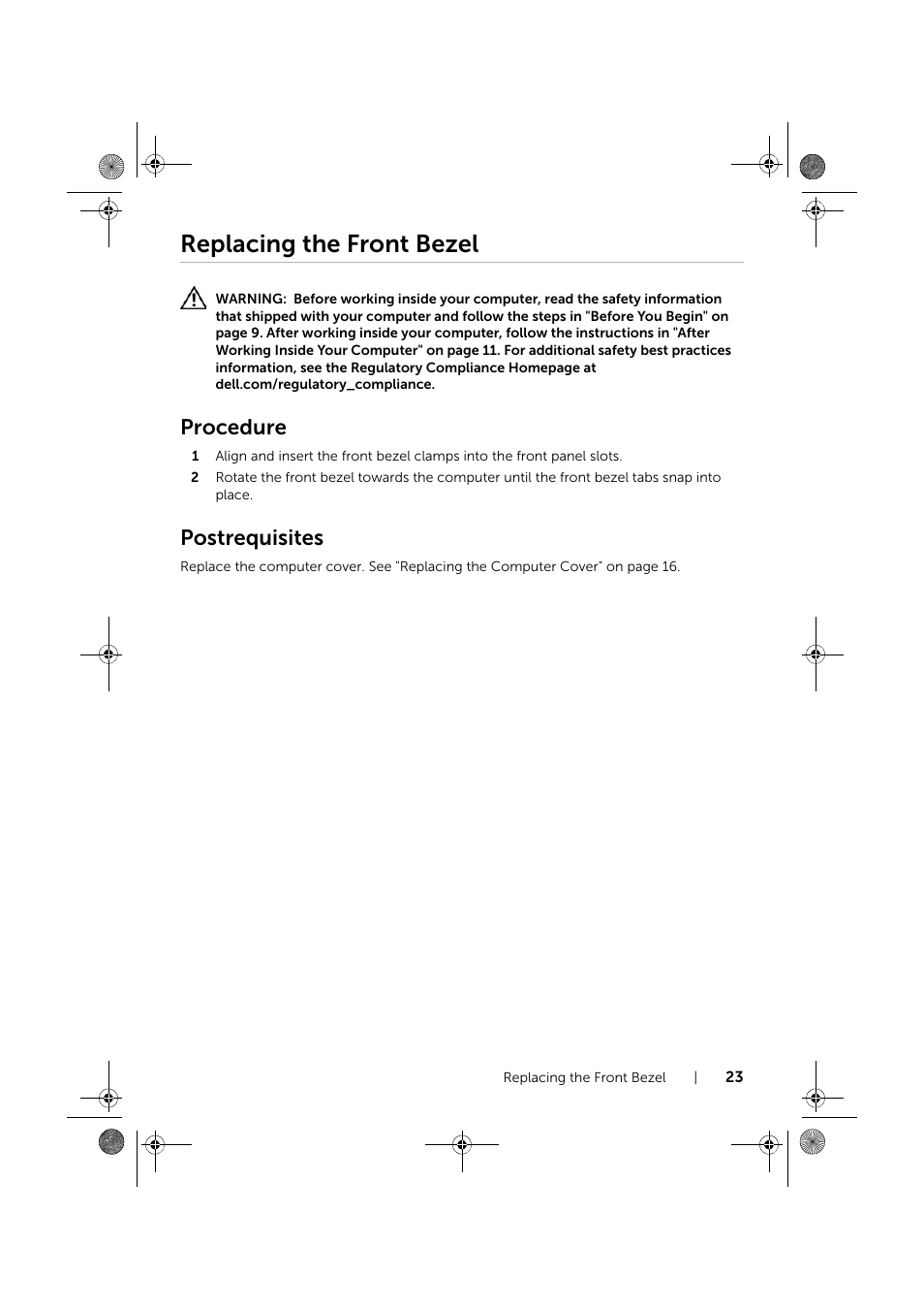 Replacing the front bezel, Procedure, Postrequisites | Dell XPS 8700 (Mid 2013) User Manual | Page 23 / 86